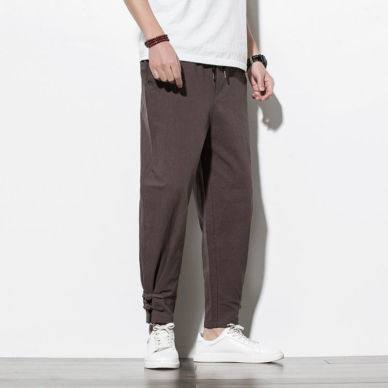 Driftwear Chinese Style Cotton Linen Men’s Track Pants – Casual Loose-Fit Mid-Waist Pants